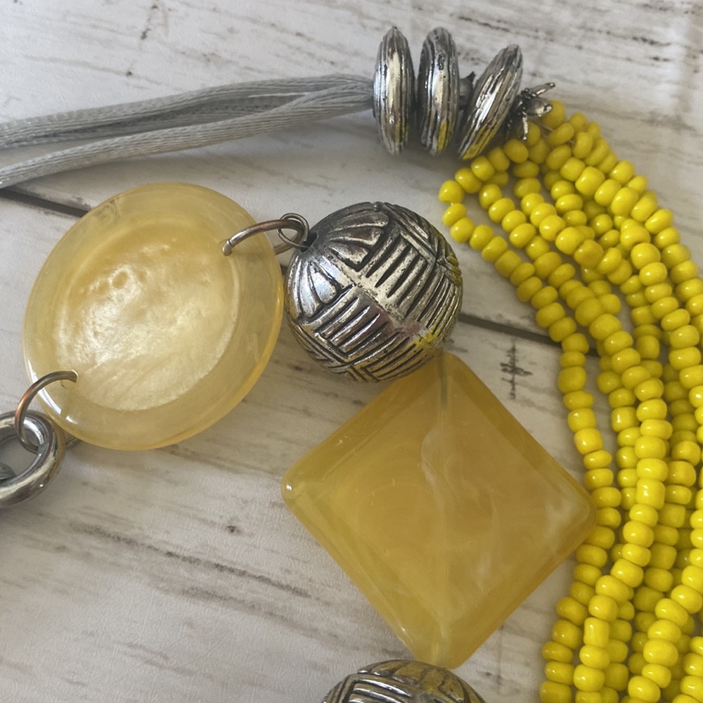 Yellow And Gray Beaded Long Statement Necklace - image 3
